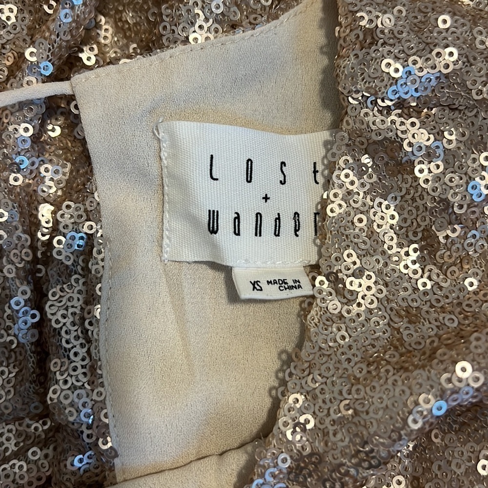 Lost + Wander Champagne Gold Sequin Shift Mini Dress XS Open Back Party NYE Glam - Picture 9 of 17